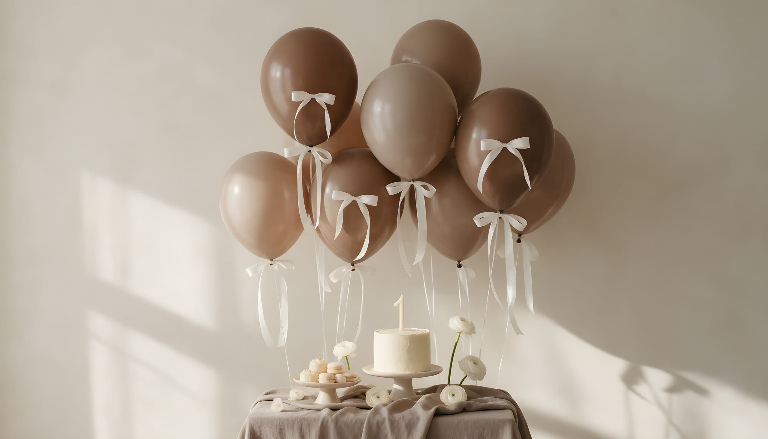 Aera's first birthday party — mocha and taupe balloons with white bows above an ivory birthday cake